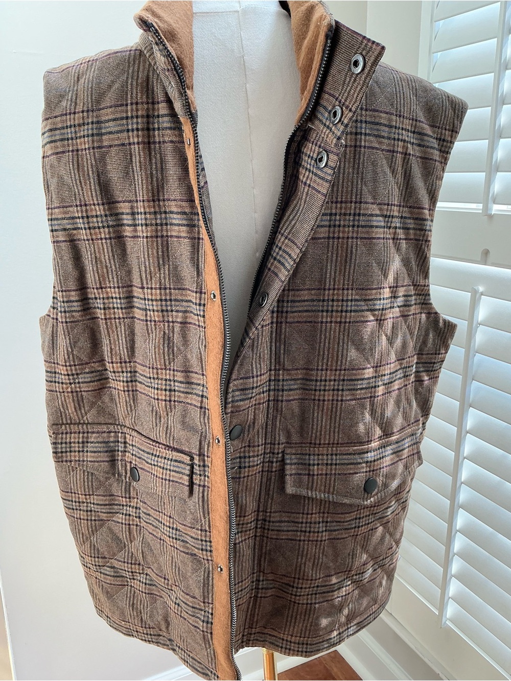 Paisley & Gray Quilted Brown Plaid Vest, XL, Slim Fit, Full Zip Snap, Lined